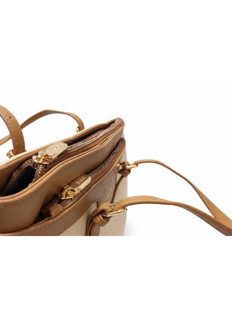 BAGCO Women’s Large Canvas Tote Bag with Leather Handles, Zipper Top, Shoulder Handbag – Beige/Brown - Image 4