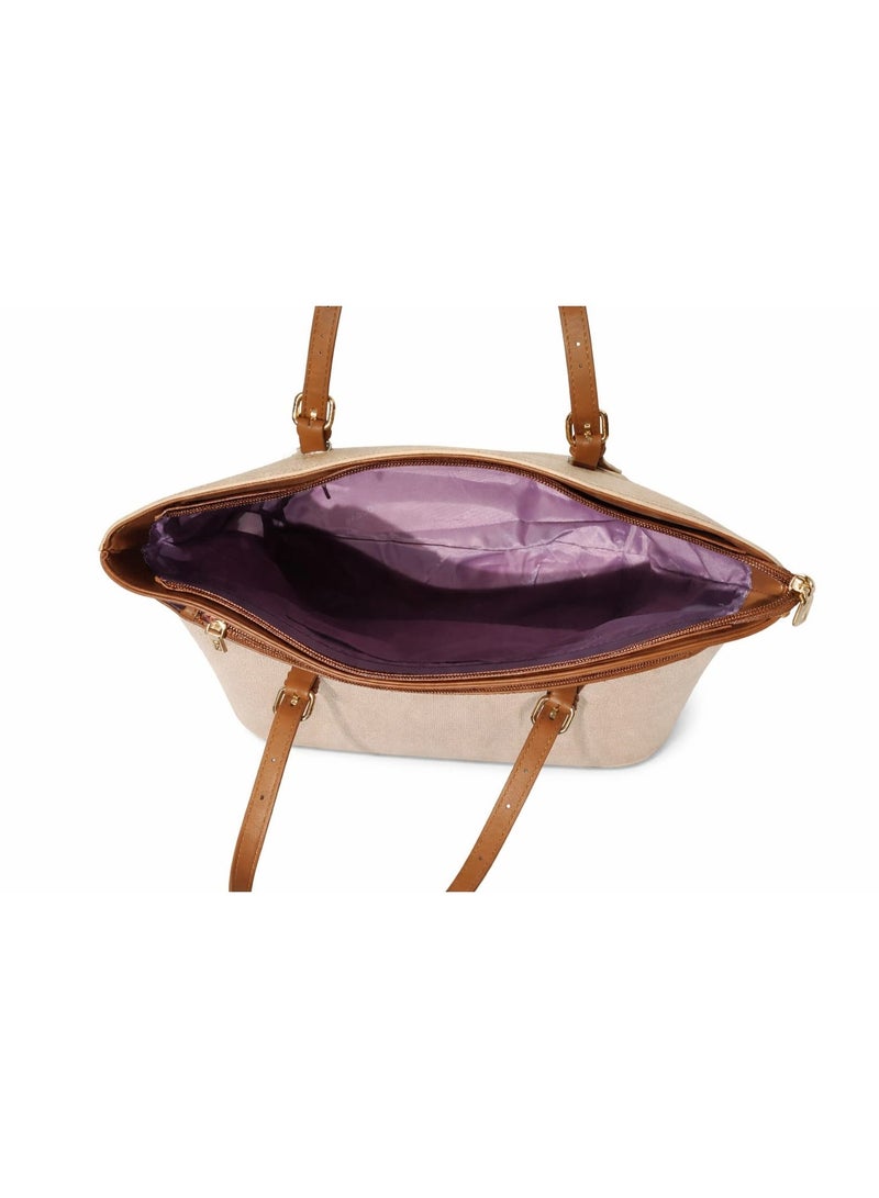 BAGCO Women’s Large Canvas Tote Bag with Leather Handles, Zipper Top, Shoulder Handbag – Beige/Brown - Image 5