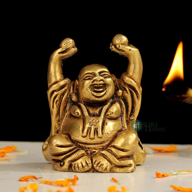INDICAST Brass Metal Harbinger of Wisdom and Wealth Vintage Laughing Buddha Showpiece Budha Sculpture for Home Office Dcor Height 6 Cms - Image 1