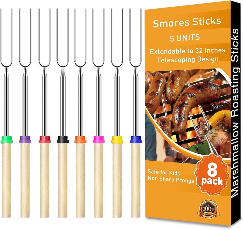 Hoople Smores Sticks for Fire Pit – Marshmallow Roasting Sticks & Hot Dog Roasting Sticks, Extendable Stainless Steel Smore Skewers for Campfire Cooking and Camping Essentials, 32 Inch (8-Pack) - Image 1