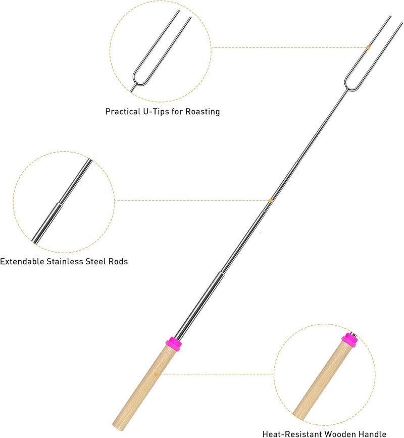 Hoople Smores Sticks for Fire Pit – Marshmallow Roasting Sticks & Hot Dog Roasting Sticks, Extendable Stainless Steel Smore Skewers for Campfire Cooking and Camping Essentials, 32 Inch (8-Pack) - Image 5