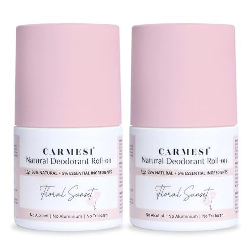 Carmesi Natural Deodorant Roll On Floral Sunset 95 Natural Reduces Dark Underarms Body Odor No Aluminium AlcoholFree for Women 169 Fl Oz Pack of 2 - Image 1