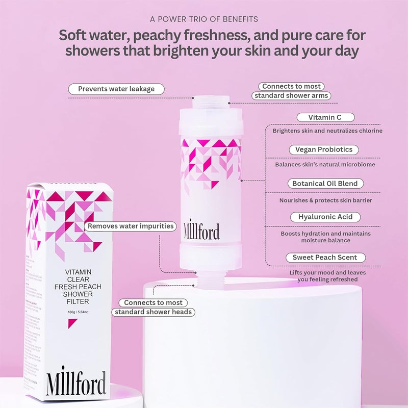 Millford Vitamin C Shower Filter - Korean Purifier for Hard Water, Removes 99% Chlorine & Impurities, Natural Shower Infuser Detox, Deep Cleansing for Skin & Hair Hydration Boost (Peach Scent) - Image 2