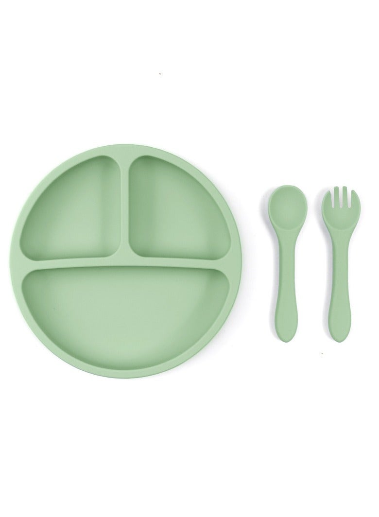 Children's Silicone Tableware Set Baby Food Supplement Purple Plate Tableware (Plate + Fork Spoon) Green Two-piece Set - Image 1