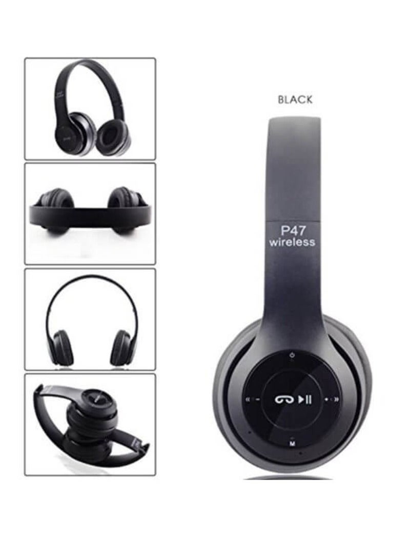 ي47 سماعات رأس لاسلكية، سماعة رأس بلوتوث P47 قابلة للطي مع ميكروفون تدعم راديو FM TF لتلفزيون الكمبيوتر والهواتف الذكية والأجهزة اللوحية سماعة رأس لاسلكية مع ميكروفون - Image 2