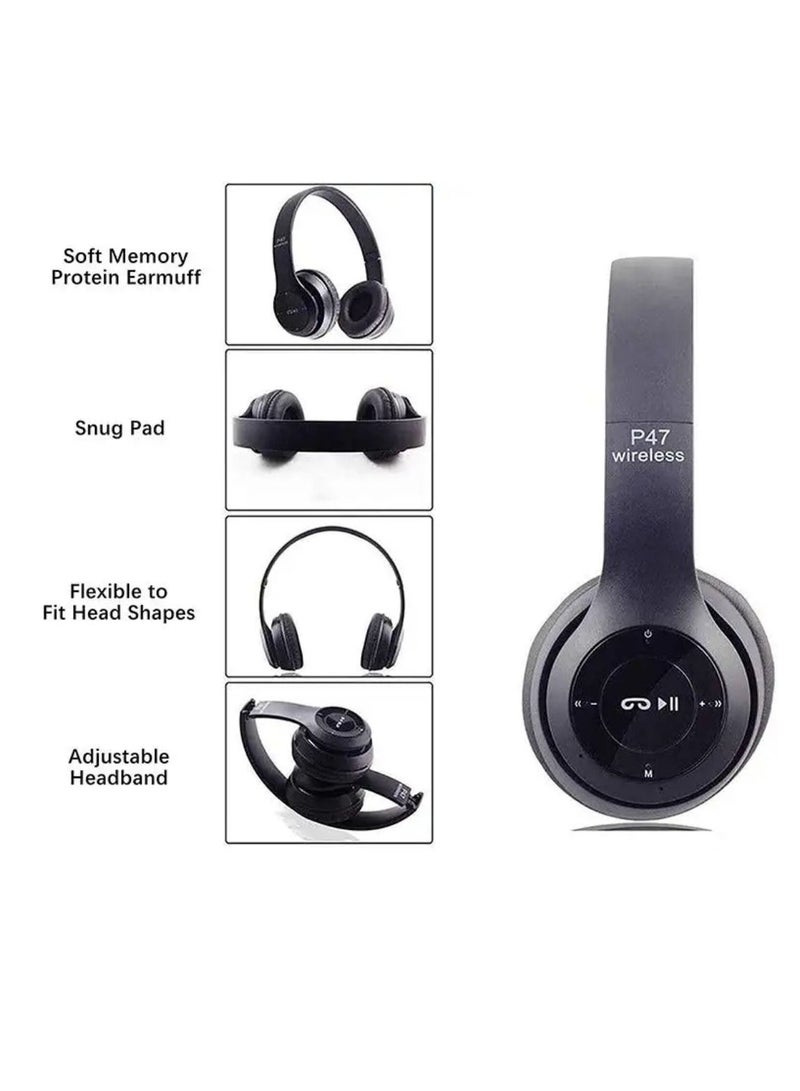 ي47 سماعات رأس لاسلكية، سماعة رأس بلوتوث P47 قابلة للطي مع ميكروفون تدعم راديو FM TF لتلفزيون الكمبيوتر والهواتف الذكية والأجهزة اللوحية سماعة رأس لاسلكية مع ميكروفون - Image 4