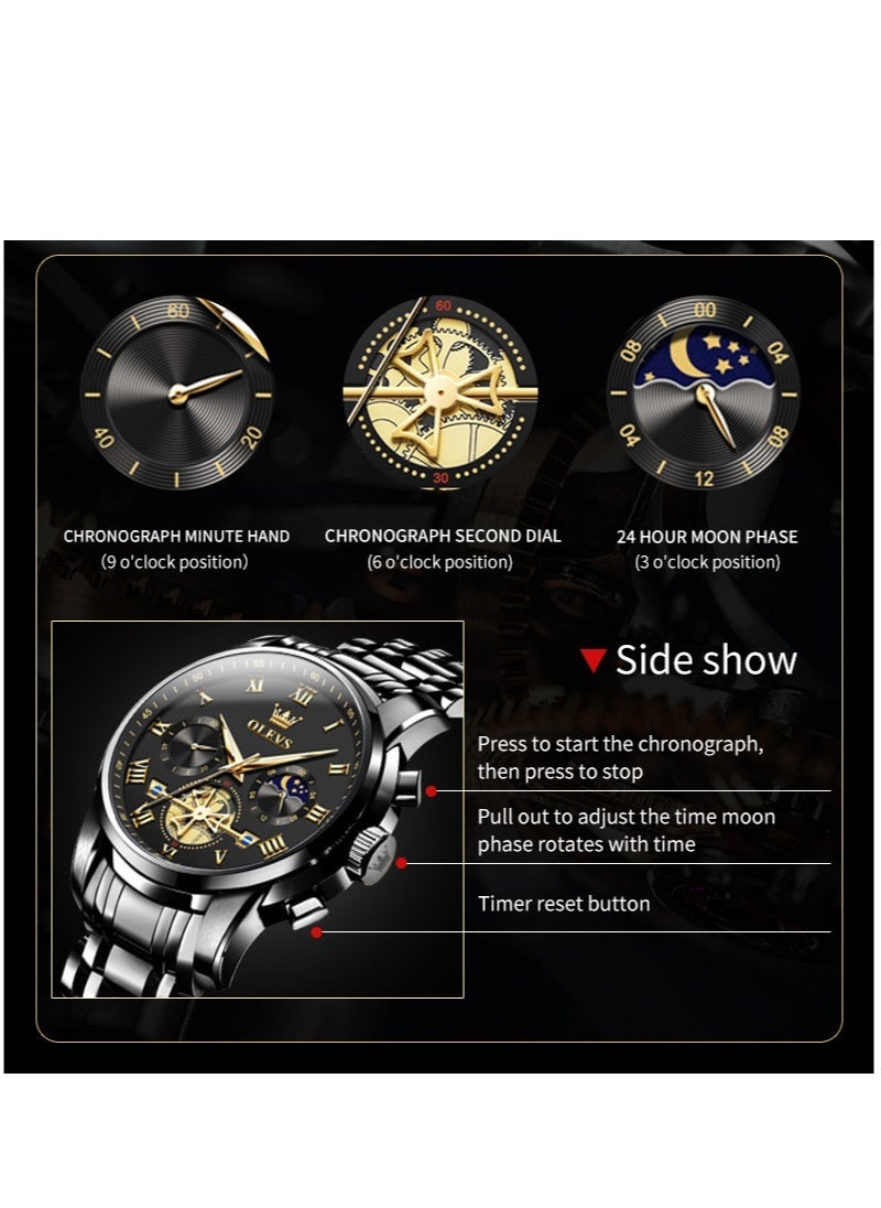 OLEVS - Watches For Men Fashion Stainless Steel Quartz Chronograph Water Resistant Watch - Black - Image 1