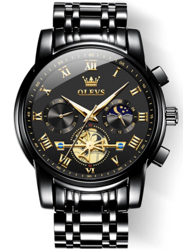 OLEVS - Watches For Men Fashion Stainless Steel Quartz Chronograph Water Resistant Watch - Black - Image 1