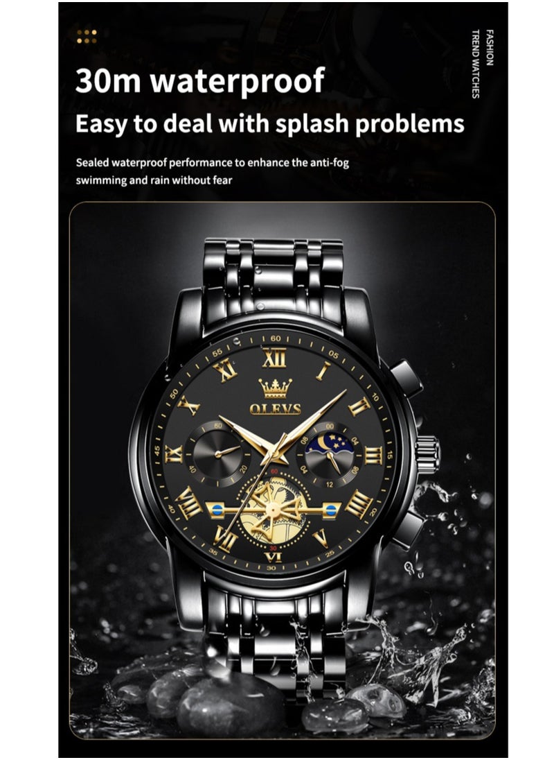 OLEVS - Watches For Men Fashion Stainless Steel Quartz Chronograph Water Resistant Watch - Black - Image 1
