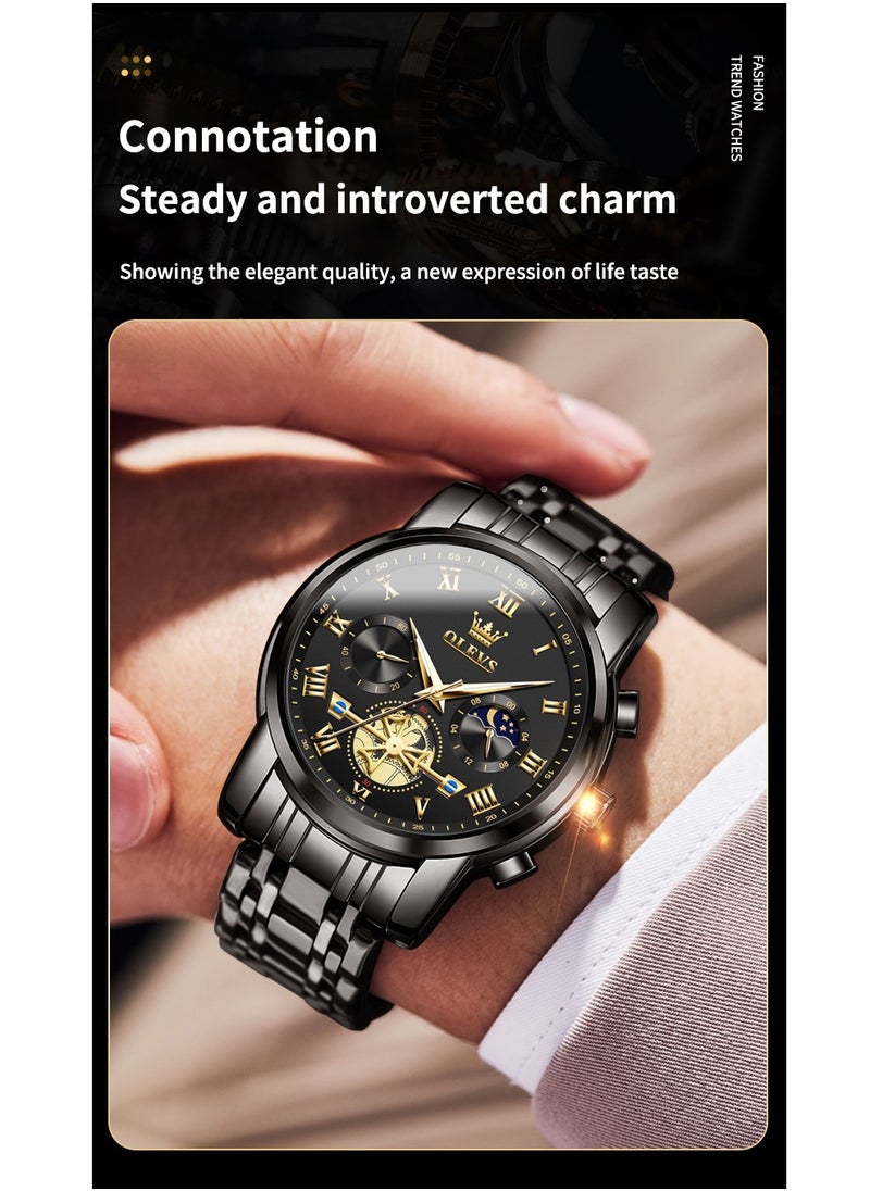 OLEVS - Watches For Men Fashion Stainless Steel Quartz Chronograph Water Resistant Watch - Black - Image 1