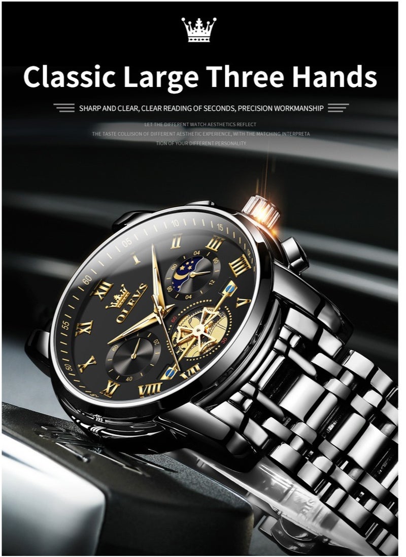 OLEVS - Watches For Men Fashion Stainless Steel Quartz Chronograph Water Resistant Watch - Black - Image 1