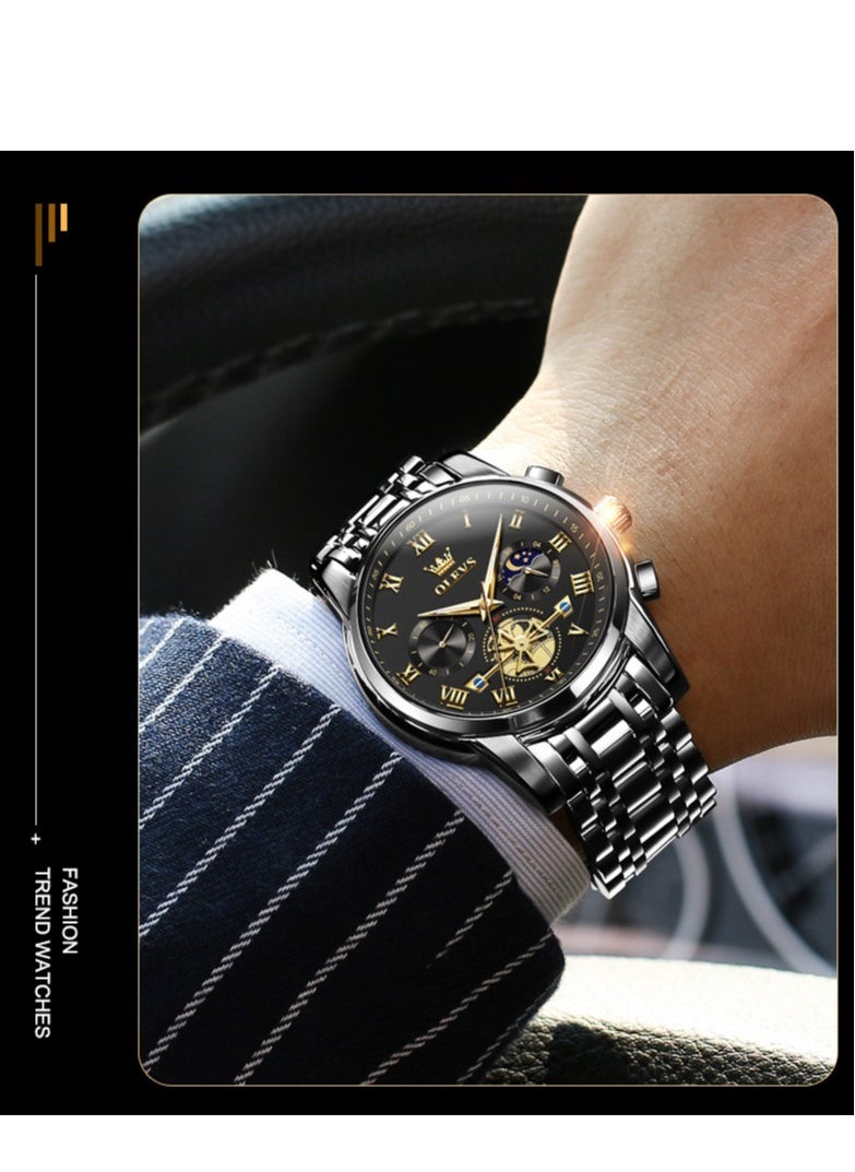 OLEVS - Watches For Men Fashion Stainless Steel Quartz Chronograph Water Resistant Watch - Black - Image 1
