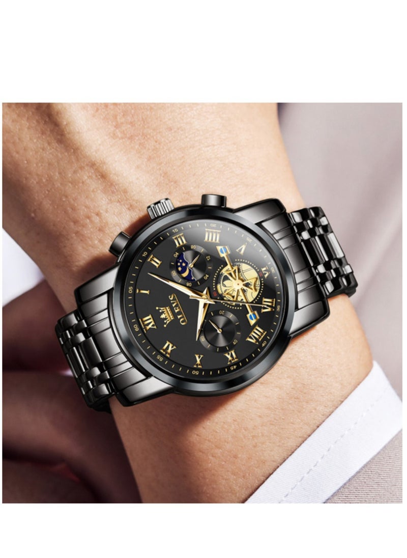 OLEVS - Watches For Men Fashion Stainless Steel Quartz Chronograph Water Resistant Watch - Black - Image 1