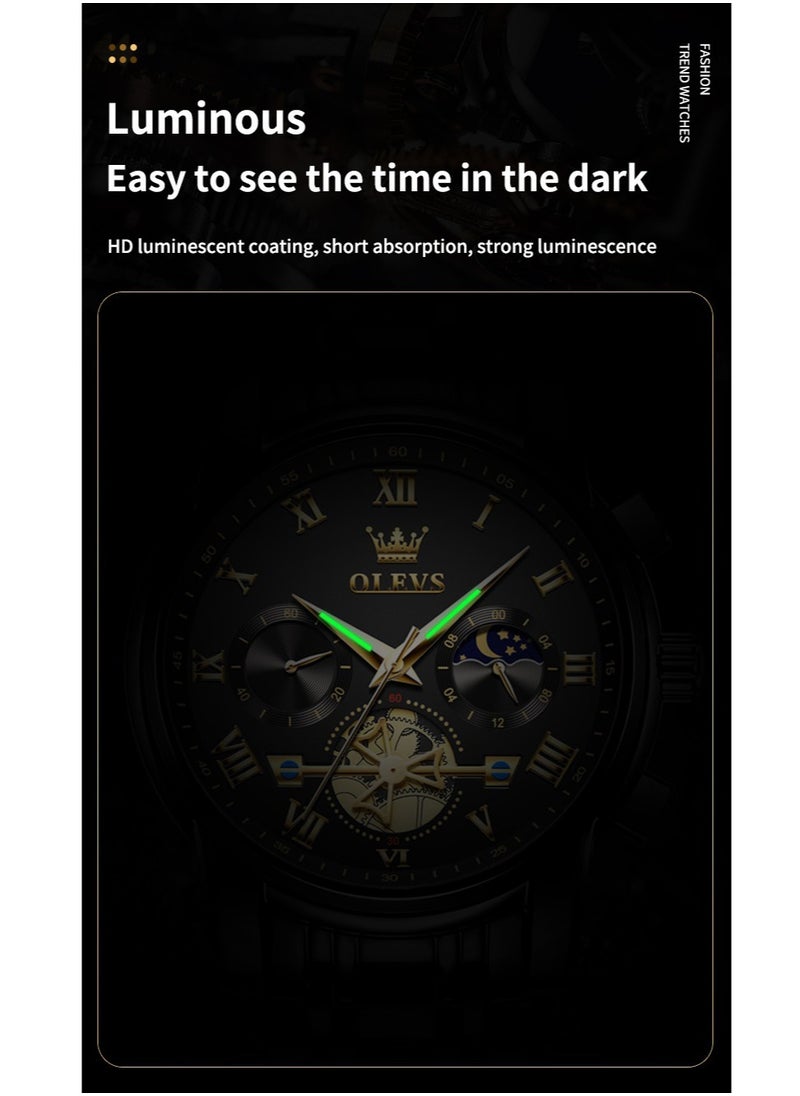 OLEVS - Watches For Men Fashion Stainless Steel Quartz Chronograph Water Resistant Watch - Black - Image 1