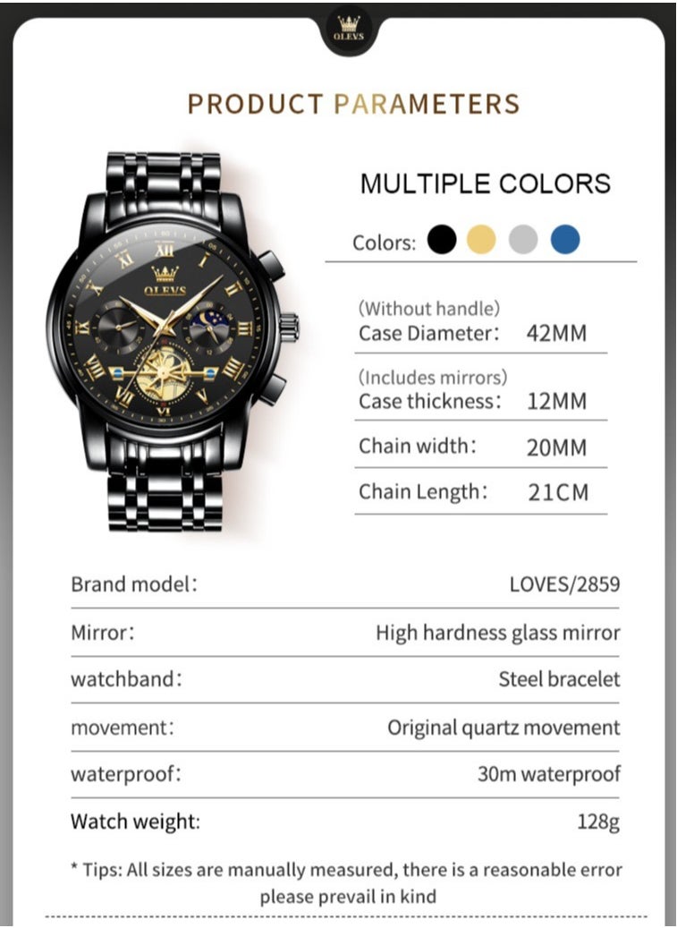 OLEVS - Watches For Men Fashion Stainless Steel Quartz Chronograph Water Resistant Watch - Black - Image 1