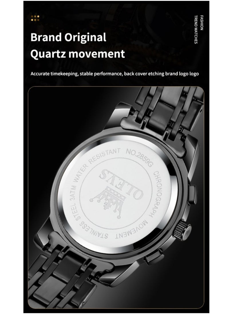 OLEVS - Watches For Men Fashion Stainless Steel Quartz Chronograph Water Resistant Watch - Black - Image 1