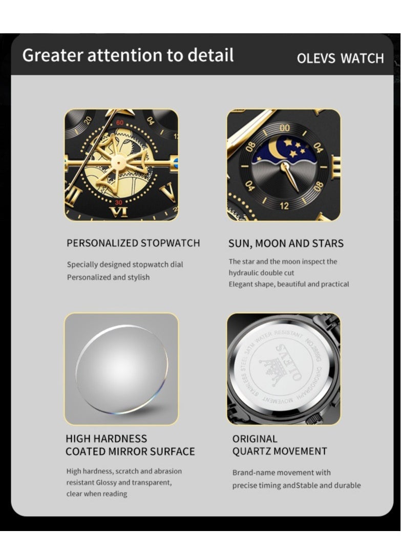 OLEVS - Watches For Men Fashion Stainless Steel Quartz Chronograph Water Resistant Watch - Black - Image 1