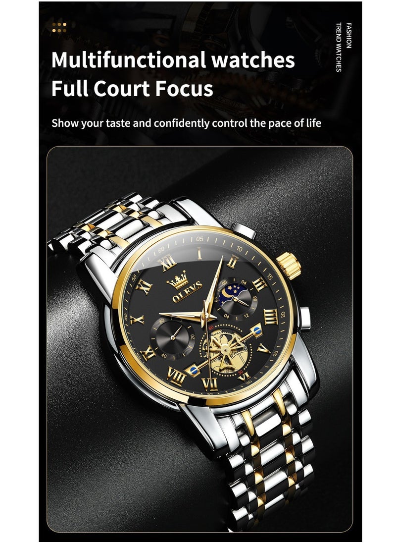 OLEVS - Watches For Men Fashion Stainless Steel Quartz Chronograph Water Resistant Watch - Black - Image 1