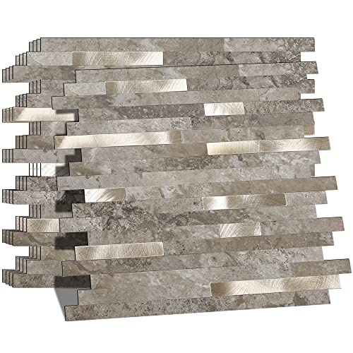 KASARO 10-Sheet Peel and Stick Backsplash Tiles for Kitchen, Marble Slate with Vintage Silver Embellished Stripes, Self-Adhesive Wall Tile Stick on Bathroom, Fireplace, RV - Image 1