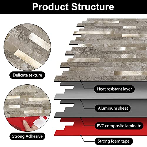 KASARO 10-Sheet Peel and Stick Backsplash Tiles for Kitchen, Marble Slate with Vintage Silver Embellished Stripes, Self-Adhesive Wall Tile Stick on Bathroom, Fireplace, RV - Image 3