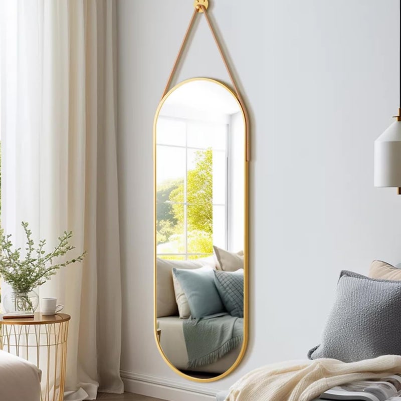 Dewfig 16"x48" Oval Full Length Mirror with Leather Strap Hanging Mirror with Aluminum Frame, Oval Gold Wall-Mounted Mirrors for Living Room Bedroom Entryway DÃ©cor, Gold - Image 3