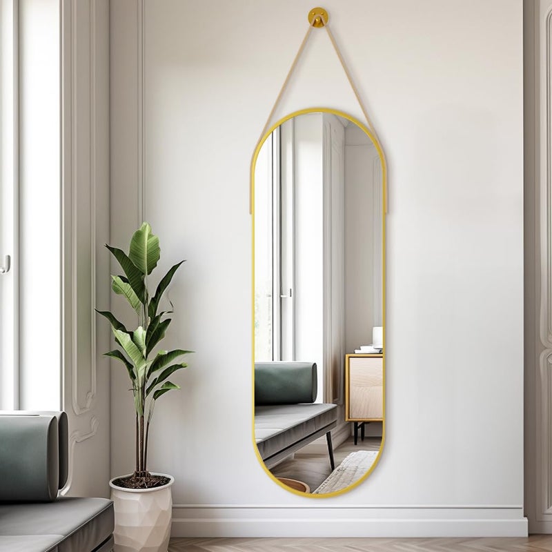 Dewfig 16"x48" Oval Full Length Mirror with Leather Strap Hanging Mirror with Aluminum Frame, Oval Gold Wall-Mounted Mirrors for Living Room Bedroom Entryway DÃ©cor, Gold - Image 5