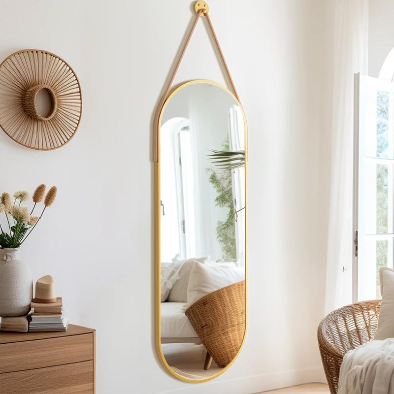 Dewfig 16"x48" Oval Full Length Mirror with Leather Strap Hanging Mirror with Aluminum Frame, Oval Gold Wall-Mounted Mirrors for Living Room Bedroom Entryway DÃ©cor, Gold - Image 2