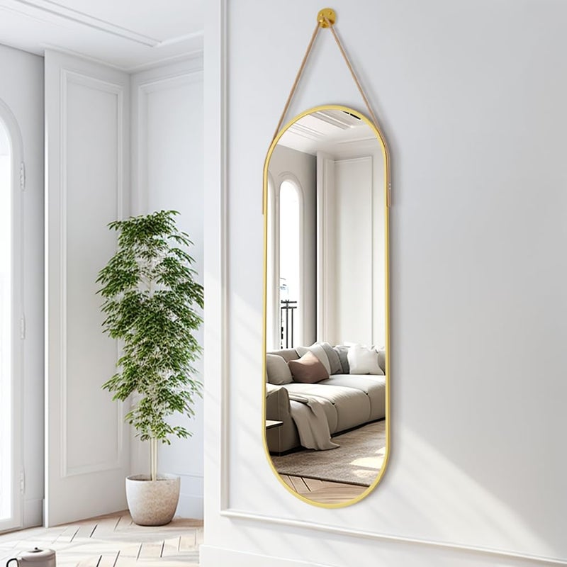 Dewfig 16"x48" Oval Full Length Mirror with Leather Strap Hanging Mirror with Aluminum Frame, Oval Gold Wall-Mounted Mirrors for Living Room Bedroom Entryway DÃ©cor, Gold - Image 4