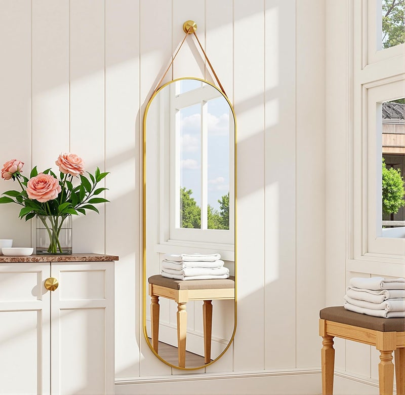 Dewfig 16"x48" Oval Full Length Mirror with Leather Strap Hanging Mirror with Aluminum Frame, Oval Gold Wall-Mounted Mirrors for Living Room Bedroom Entryway DÃ©cor, Gold - Image 1
