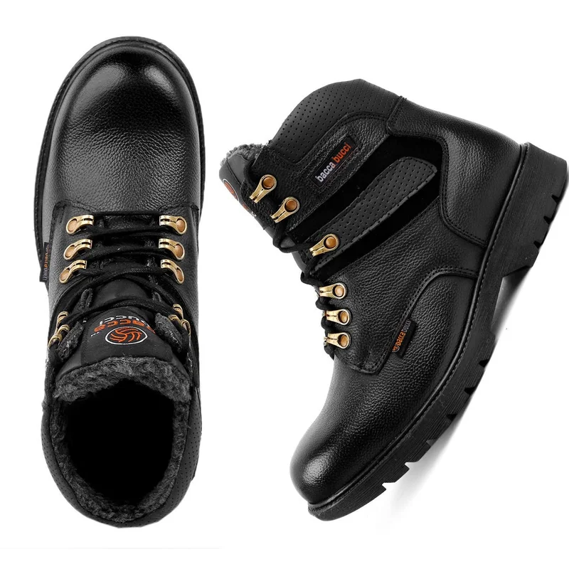 باكا بوتشي أحذية جلدية رجالية سوداء مبطنة بال فرو برباط