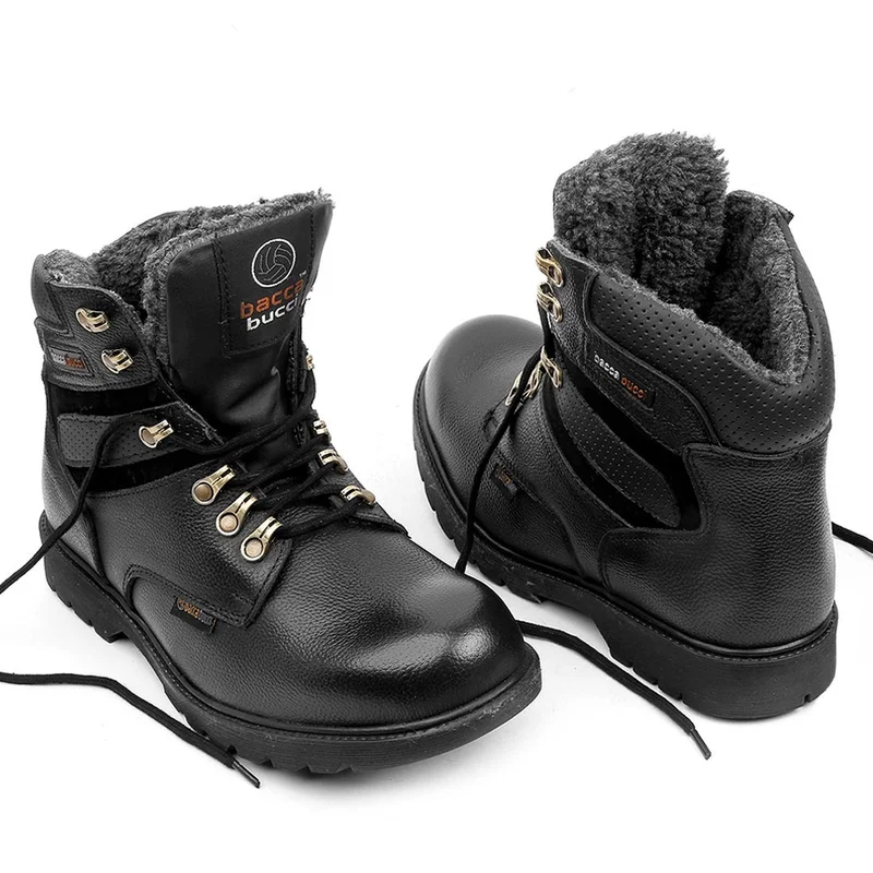 Bacca Bucci Black 6 Inches Steel Toe Cap Genuine Leather Boots with Fur for Men | Best Price UAE