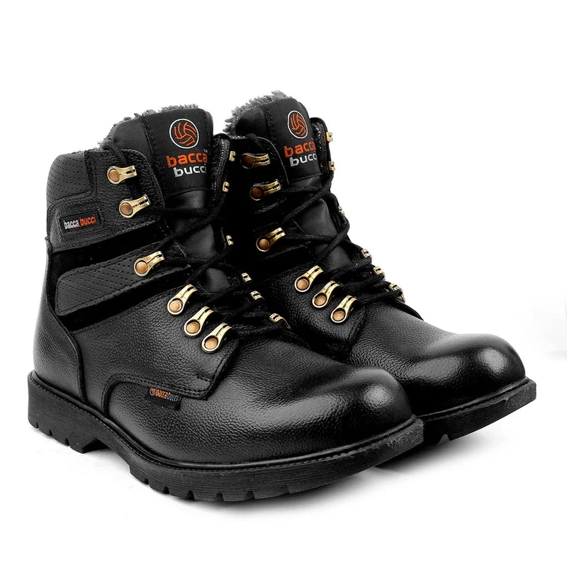 Bacca Bucci Black 6 Inches Steel Toe Cap Genuine Leather Boots with Fur for Men | Best Price UAE