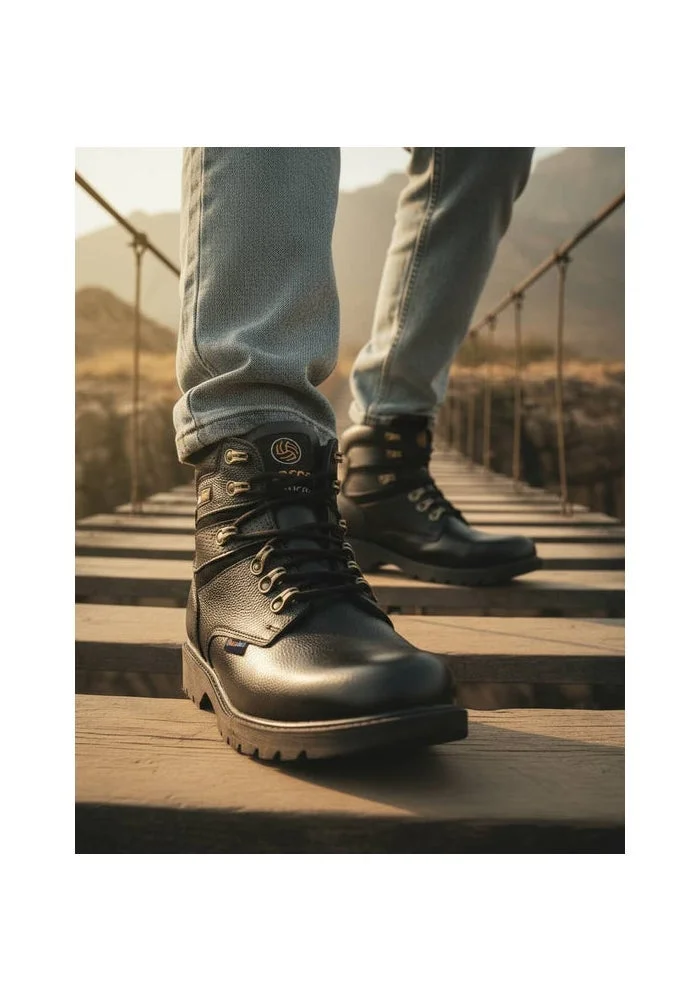 Bacca Bucci Black 6 Inches Steel Toe Cap Genuine Leather Boots with Fur for Men | Best Price UAE