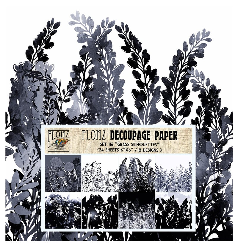 Decoupage Paper Pack (24 Sheets 6"x6") Monochrome Floral Pattern FLONZ Vintage Styled Seamless Pattern Paper for Decoupage, Craft and Scrapbooking Black Flowers Buds