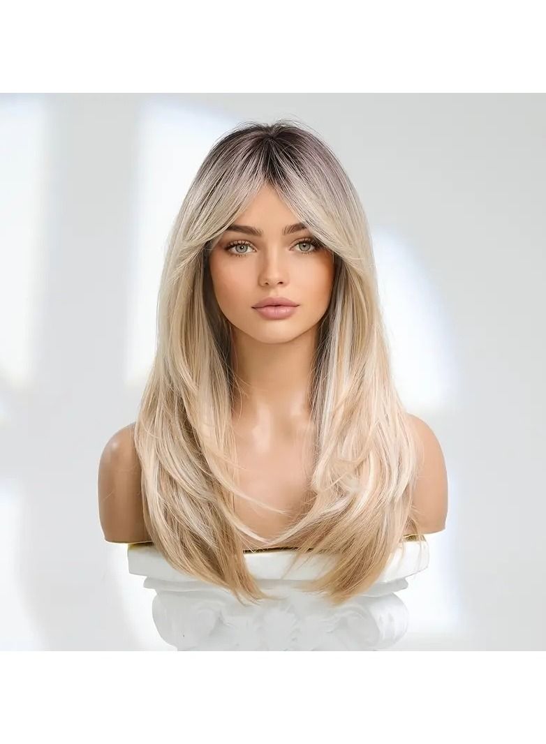 24 Inch Blonde Wigs For Women Long Blonde Wig With Bangs Layered Synthetic Hair Wig With Dark Roots - Image 1