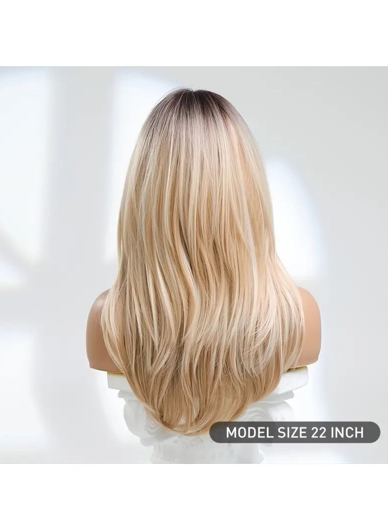24 Inch Blonde Wigs For Women Long Blonde Wig With Bangs Layered Synthetic Hair Wig With Dark Roots - Image 3