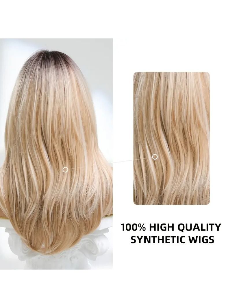 24 Inch Blonde Wigs For Women Long Blonde Wig With Bangs Layered Synthetic Hair Wig With Dark Roots - Image 4