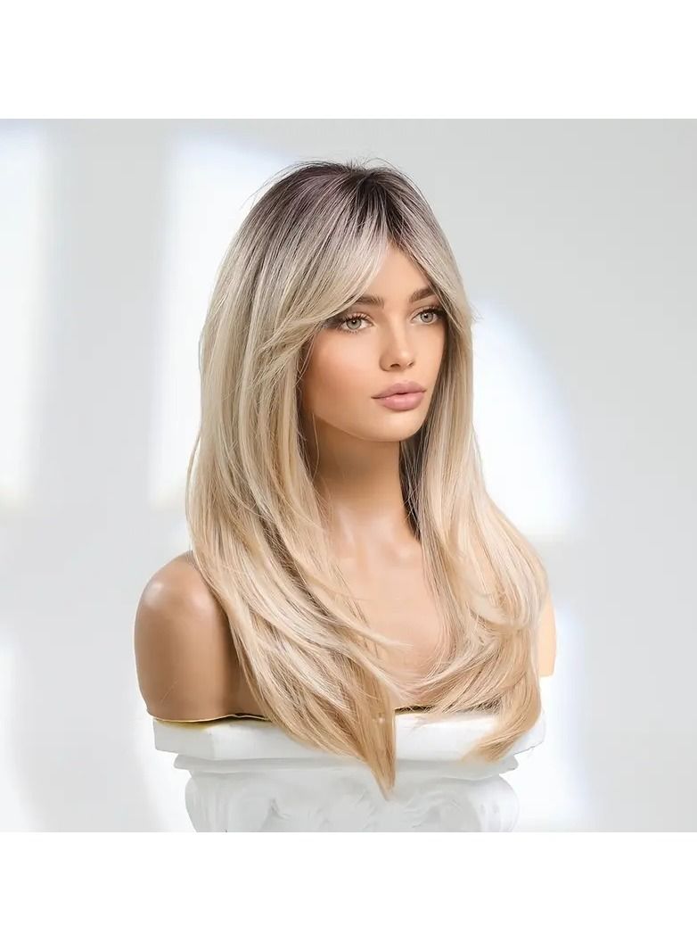 24 Inch Blonde Wigs For Women Long Blonde Wig With Bangs Layered Synthetic Hair Wig With Dark Roots - Image 5