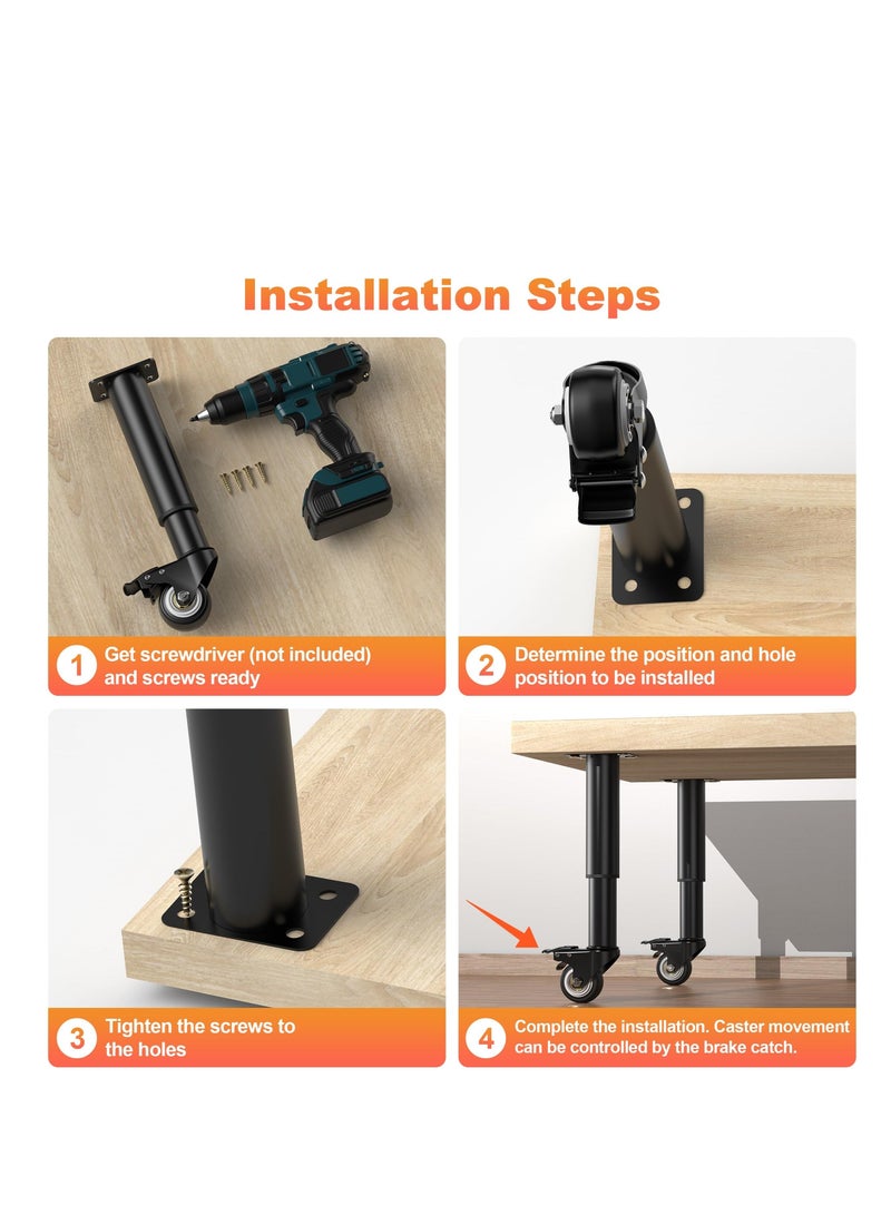Metal Adjustable Furniture Legs, 7-12 Inch Foot Legs, with 2.36 inch Swivel Caster Wheels, Heavy Duty Replacement Support Legs, , for Cabinet/Sofa/Bed/Dresser/Couch/Coffee Table (4 Pcs) - Image 3