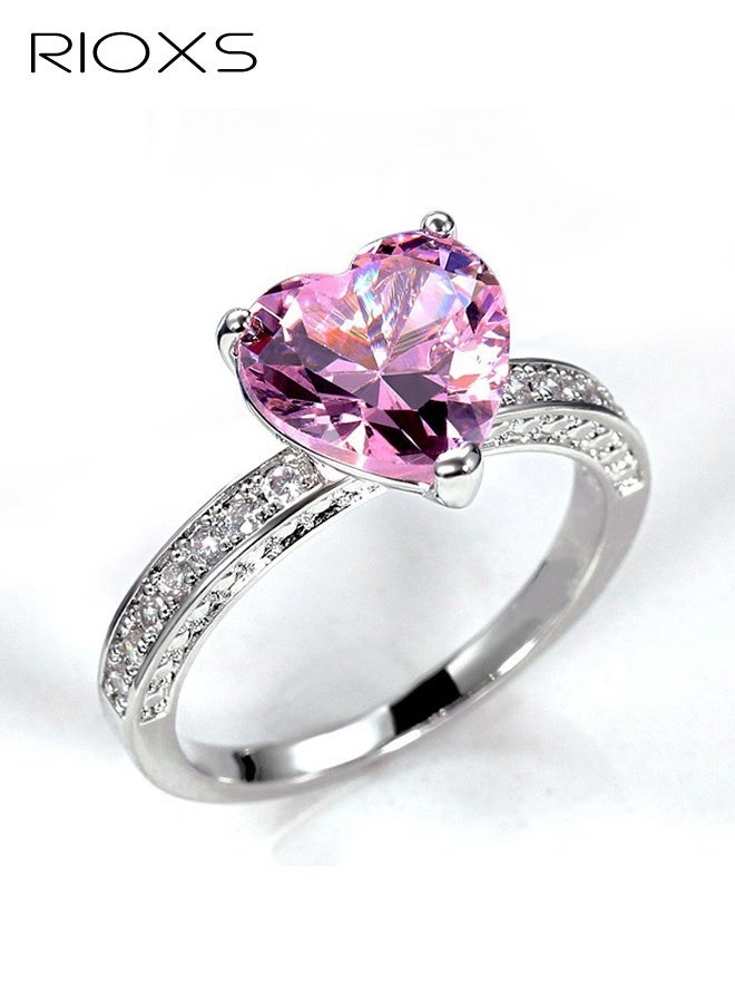 RIOXS Pink Heart Cut Cubic Zirconia Promise Rings for Women, Crystal Love Heart Wedding Statement Eternity Ring, Silver Plated Luxury Jewelry for Wedding Engagement Cocktail - Image 1