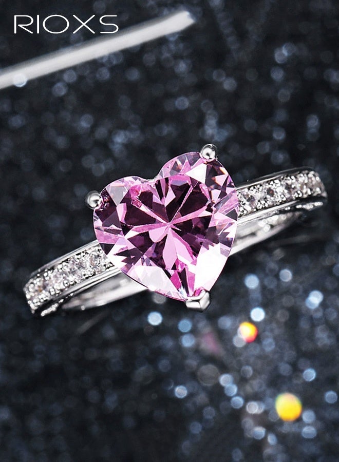 RIOXS Pink Heart Cut Cubic Zirconia Promise Rings for Women, Crystal Love Heart Wedding Statement Eternity Ring, Silver Plated Luxury Jewelry for Wedding Engagement Cocktail - Image 2