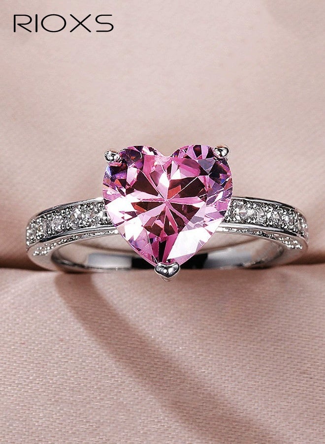 RIOXS Pink Heart Cut Cubic Zirconia Promise Rings for Women, Crystal Love Heart Wedding Statement Eternity Ring, Silver Plated Luxury Jewelry for Wedding Engagement Cocktail - Image 3