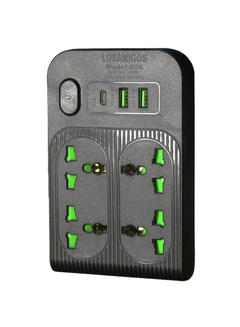 2500W power strip, high-quality extension plug with 4 universal outlets, 2 USB ports and 1 Type-C port, multi-safety power socket for home and office use