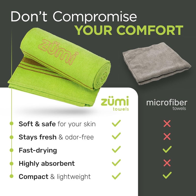 ZUMI MINI 100% Cotton Camping Travel Towel - Small, Ultralight, Fast Drying, Highly Absorbent, Soft and Gentle on The Skin, Safe for The Planet (28" x 13" Green) - Image 3