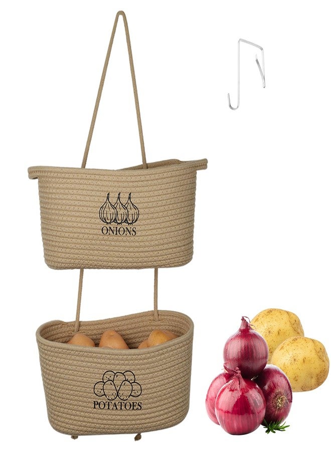 Xbopetda 2-Tier Potato and Onion Storage, Hanging Vegetable Baskets for Kitchen, Potato Bin Onion Basket Behind the Door Storage with Pothook, Cotton Rope Produce Storage Organizer Bag Decorative - Image 1