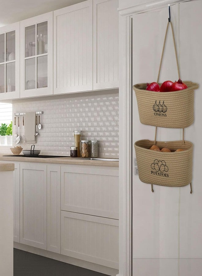 Xbopetda 2-Tier Potato and Onion Storage, Hanging Vegetable Baskets for Kitchen, Potato Bin Onion Basket Behind the Door Storage with Pothook, Cotton Rope Produce Storage Organizer Bag Decorative - Image 4