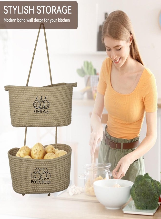 Xbopetda 2-Tier Potato and Onion Storage, Hanging Vegetable Baskets for Kitchen, Potato Bin Onion Basket Behind the Door Storage with Pothook, Cotton Rope Produce Storage Organizer Bag Decorative - Image 5