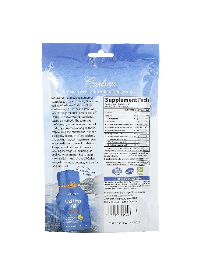 Carlson Carlson, Wild Norwegian Cod Liver Oil, Natural Lemon, 15 Liquid Packets, 0.17 fl oz (5 ml) Each  - Image 2