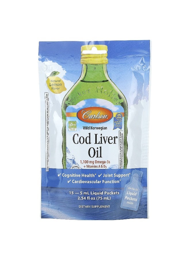 Carlson Carlson, Wild Norwegian Cod Liver Oil, Natural Lemon, 15 Liquid Packets, 0.17 fl oz (5 ml) Each  - Image 1