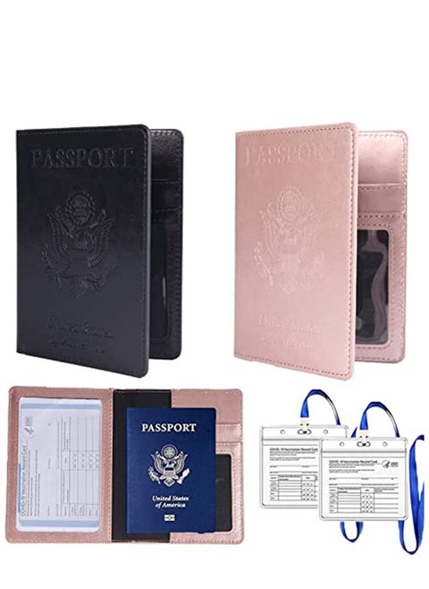 2 Pack Passport and Vaccine Card Holder Combo (Black, Pink)